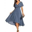 Ever-Pretty Women's Summer Chiffon Formal Wedding Guest Dresses Pleated V-Neck Short Sleeves Cocktail Dress 01923