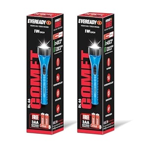 eveready dl46 comet 1w emergency torch durable abs body bright white led torch powered by 3xaa eveready batteries pack of 2