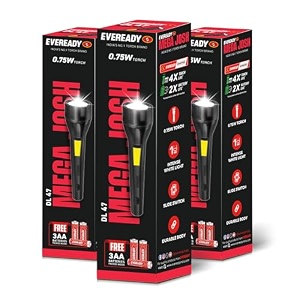 eveready dl47 mega josh 075w emergency torch durable abs plastic body bright white led torch powered by 3xaa eveready batteries pack of 3