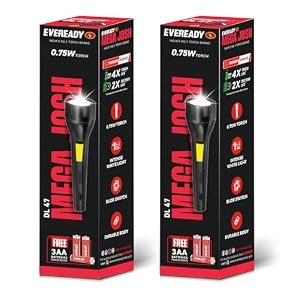 eveready dl47 mega josh 075w emergency torch durable abs plastic body bright white led torch powered by 3xaa eveready batteries pack of 2