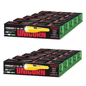 eveready unicorn dl90 rechargeable 1w torch cum 2w emergency sidelight type-bmicro-usb fast charging overcharge amp deep discharge protection powered by li-ion battery pack of 10