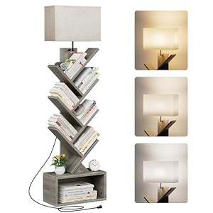 evermagin 6 tier tree bookshelf with light bookcase gray