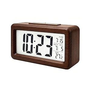 digitak battery operated wooden led digital alarm clock smart sensor night light with snooze date temperature 1224hr switchable easy to use for bedrooms wood
