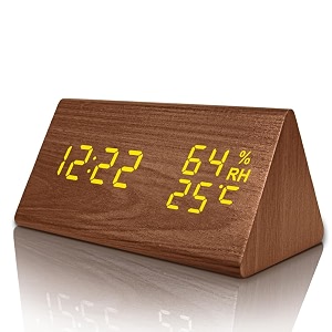 everwood digital alarm clocks wooden led time display with humidityamptemperature detectbrown triangle