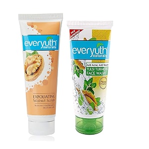 everyuth exfoliating walnut scrub 50gm and tulsi turmeric face wash 50g combo pack