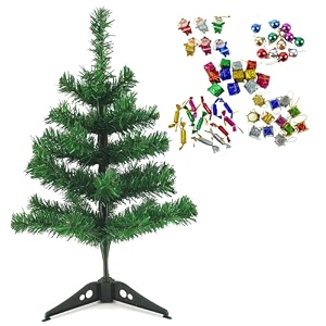 2 feet long artificial x-mass christmas tree and 12 drum 12 balls 6 santa 12 gift 6 toffee 48 pcs hangings ornaments for christmas tree decoration x-mass decoration