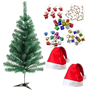3 feet long artificial christmas tree 2 santa caps and 6 red santa 12 multi balls 12 drum 12 candy 12 gift 54 pcs hanging x-mass christmas decoration
