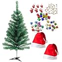 3 Feet Long Artificial Christmas Tree 2 Santa Caps and 6 Red Santa, 12 Multi Balls, 12 Drum, 12 Candy, 12 Gift 54 Pcs Hanging X-Mass Christmas Decoration