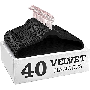 non-slip velvet hangers - ultra thin space saving suit hanger with 360 degree swivel hook - strong and durable velvet clothes hangers - coat hangers for a no hanger marks black pack of 40