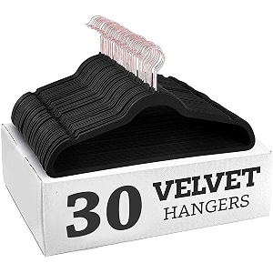 non-slip velvet hangers - ultra thin space saving suit hanger with 360 degree swivel hook - strong and durable velvet clothes hangers - coat hangers for a no hanger marks black pack of 30