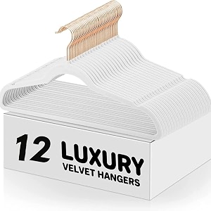 non-slip velvet hangers - ultra thin space saving suit hanger with 360 degree swivel hook - strong and durable velvet clothes hangers - coat hangers for a no hanger marks white pack of 12