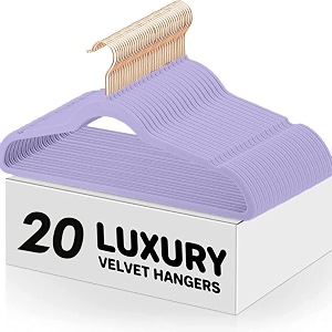 non-slip velvet hangers - ultra thin space saving suit hanger with 360 degree swivel hook - strong and durable velvet clothes hangers - coat hangers for a no hanger marks purple pack of 20