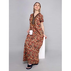evolove cotton nighty maxi for women with side pocket  printed short sleeves full length night wear gown