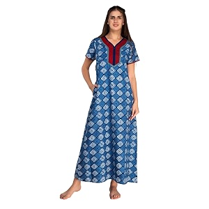 evolove cotton nighty maxi for women with side pocket  printed short sleeves full length night wear gown