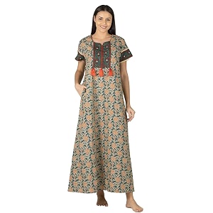 evolove cotton nighty maxi for women with side pocket  printed short sleeves full length night wear gown