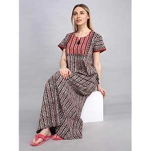 evolove cotton nighty maxi for women with side pocket  printed short sleeves full length night wear gown