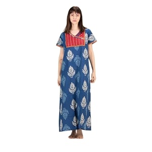 evolove cotton nighty maxi for women with side pocket  printed short sleeves full length night wear gown