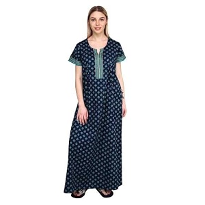 evolove cotton nighty maxi for women with side pocket  printed short sleeves full length night wear gown