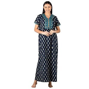 evolove cotton nighty maxi for women with side pocket  printed short sleeves full length night wear gown