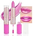 evpct 2 in 1 Hot Pink Glitter Metallic Shimmer Diamond Lipstick and Lip Gloss Set for Women Long Lasting Waterproof, Rose Pink Sparkle Glitter Shiny Lipstick and Lip Liner Makeup Set, 04#