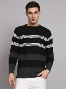 eWools Men Striped Colorblock Round Neck Black