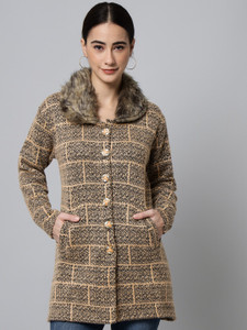 ewools self design collared neck casual women brown sweater