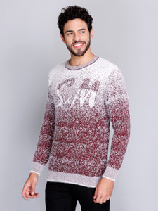ewools self design round neck casual men maroon sweater