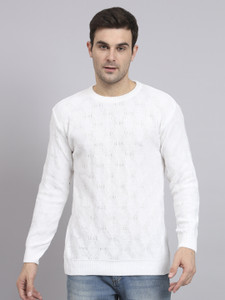 ewools self design round neck casual men white sweater
