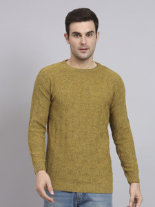 ewools self design round neck casual men yellow sweater