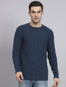 eWools Self Design Round Neck Casual Men Blue Sweater