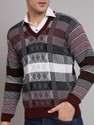 eWools Men Striped V Neck Maroon Sweater