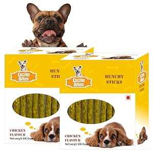 excite bites chicken flavor munchy sticks for dogs  protein chew sticks for dogs  essentials treats for adult amp puppies dental sticks  long-lasting chew stick 450g pack of 2