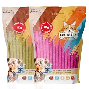 excite bites combo munchy sticks dog food  chicken amp mutton protein dog chew stick  essentials treats for adult amp puppies  dental sticks for dogs  1kg each pack of 2