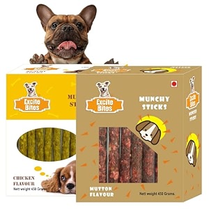 excite bites combo munchy sticks for dogs  munchy chicken amp mutton stick  protein chew sticks for dogs  essentials dog treat for adult amp puppies  dental sticks for dog - 450g each pack of 2