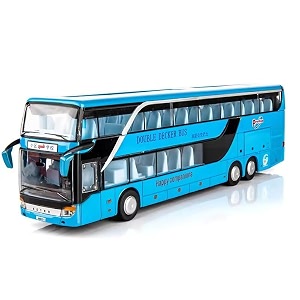 fexxa exclusive alloy metal pull back die-cast bus model with sound light mini auto toy for kids metal model toy bus with sound and light big double decker-blue