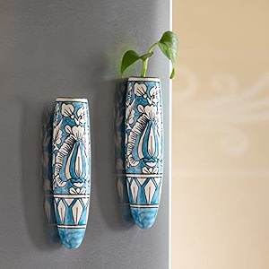 exclusivelane 39mughal heaven39 ceramic handpainted magnetic planters pot for fridge refrigerator magnet planter for home amp kitchen sky blue amp enamel white 19 x 15 x 72 inch 2 pieces