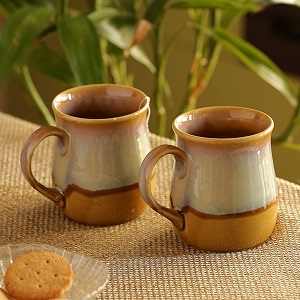 exclusivelane dual-glazed studio pottery serving tea cups set amp ceramic coffee mugs set of 2 360 ml mustard yellow and off white microwave amp dishwasher safe
