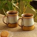 ExclusiveLane Dual-Glazed Studio Pottery Serving Tea Cups Set & Ceramic Coffee Mugs Set of 2 (360 ML, Mustard Yellow and Off White, Microwave & Dishwasher Safe)
