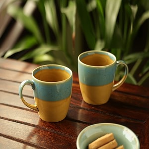 exclusivelane 39river rims39 ceramic coffee mugs set of 2 studio pottery 330 ml blue amp yellow microwave amp dishwasher safe  ceramic coffee mug coffee cup set of 2 tea mugs set tea cups ceramic mugs