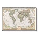 Executive World Push Pin Map – National Geographic Antique Style Canvas Travel Tracker – Extra Large Framed Wall Decor – Brown Float Frame – 34" x 51"