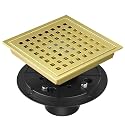 EXF Square Shower Drain Brushed Gold 6-Inch with ABS Flange, Hair Catcher