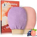 Exfoliating Glove Body Scrubber, Premium Exfoliating Mitt for Normal to Dry Skin, Body Exfoliator for Self-Tan Removal and Applicationin, Vegan Viscose exfoliating Body Scrubber（Purple&Orange）