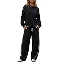 EXLURA Women Fall Cotton 2 Piece Sets Side Split Tops Matching Barrel Pants