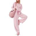 EXLURA Women Fall Cotton 2 Piece Sets Side Split Tops Matching Barrel Pants