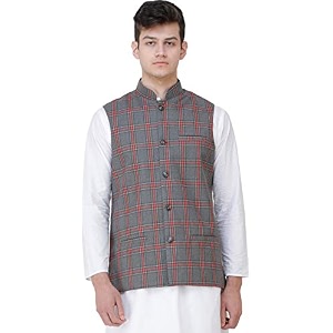 exotic india nehru jacket with double check pattern and front pockets