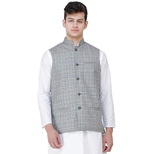exotic india nehru jacket with double check pattern and front pockets