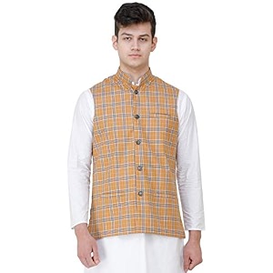 exotic india nehru jacket with double check pattern and front pockets