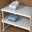 Expandable Closet Cabinet Shelf Adjustable Wardrobe Clothes Storage Rack Stackable Counter Organizer for Bathroom Kitchen Pantry, White