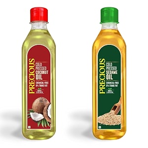 experience the natural goodness of precious cold pressed coconut oil and pure and wholesome precious cold pressed sesame oil - chemical-free  0 transfat  fitness enthusiasts and health-conscious individuals  500 ml each