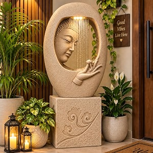 expleasia buddha face shower with stand fountain for home indoor water fountain big size water fountain for garden water fountain for home vastu beige